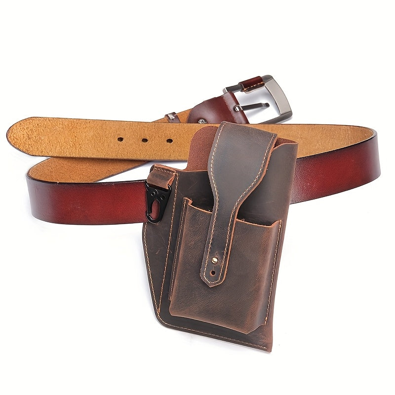 Men's Genuine Leather Phone Bag Crazy Horse Leather Belt-worn Waist Bag Retro Casual Style Key Bag Ideal for Daily Commuting