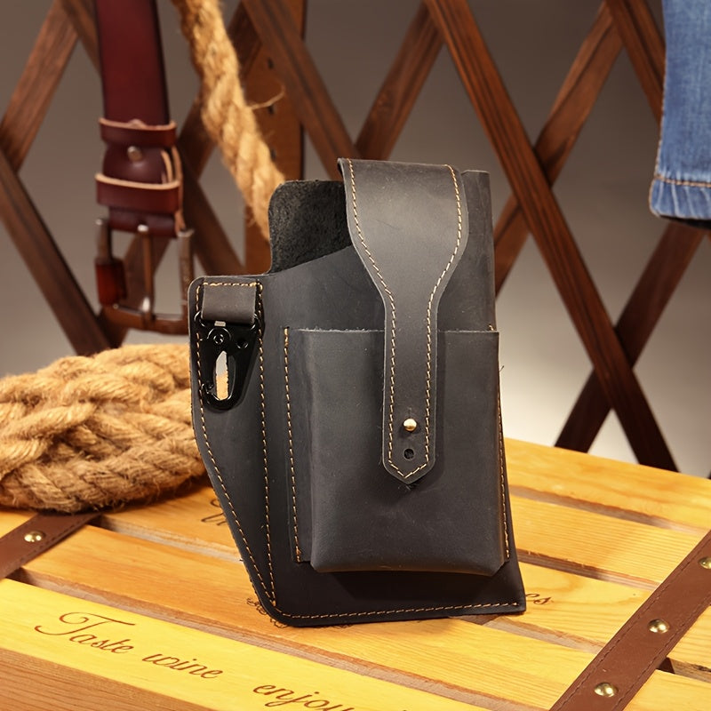Men's Genuine Leather Phone Bag Crazy Horse Leather Belt-worn Waist Bag Retro Casual Style Key Bag Ideal for Daily Commuting