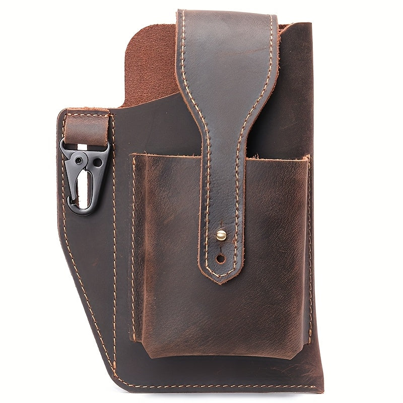 Men's Genuine Leather Phone Bag Crazy Horse Leather Belt-worn Waist Bag Retro Casual Style Key Bag Ideal for Daily Commuting