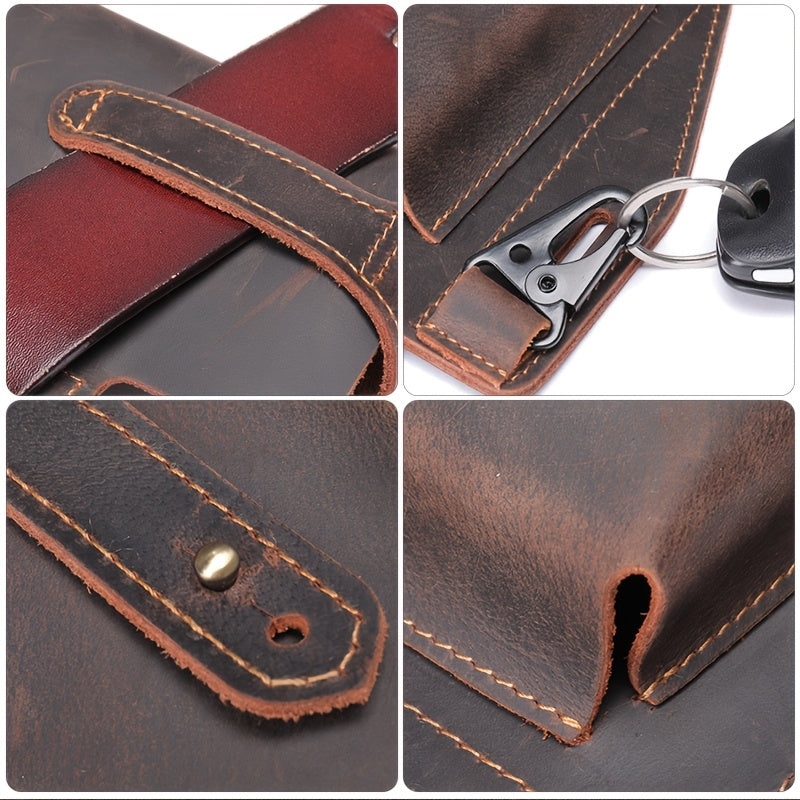 Men's Genuine Leather Phone Bag Crazy Horse Leather Belt-worn Waist Bag Retro Casual Style Key Bag Ideal for Daily Commuting