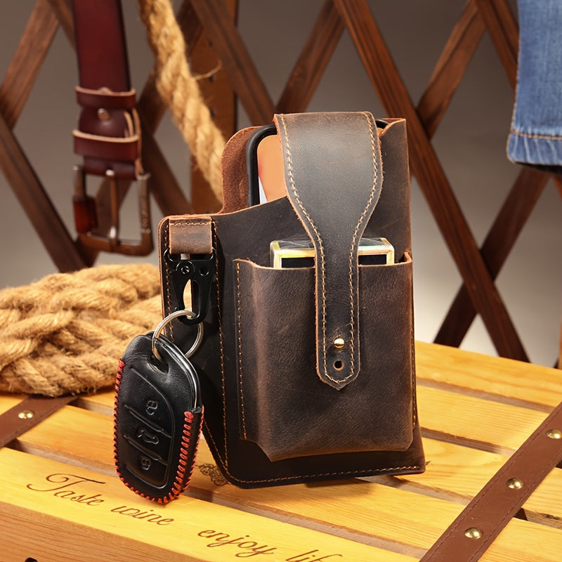 Men's Genuine Leather Phone Bag Crazy Horse Leather Belt-worn Waist Bag Retro Casual Style Key Bag Ideal for Daily Commuting