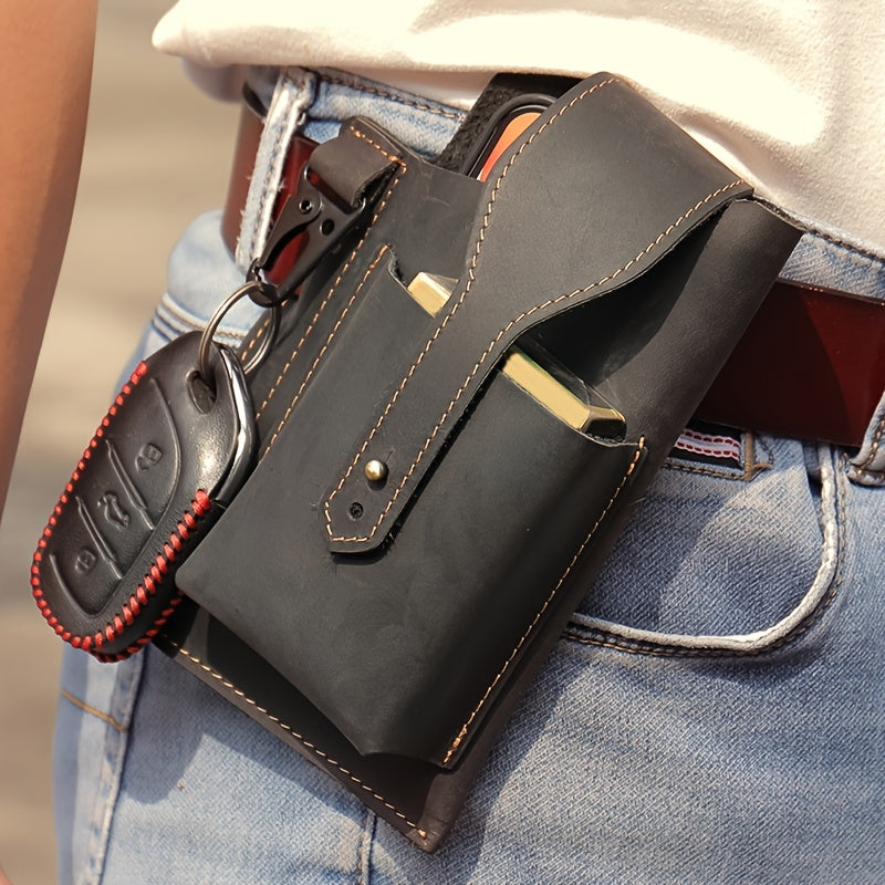 Men's Genuine Leather Phone Bag Crazy Horse Leather Belt-worn Waist Bag Retro Casual Style Key Bag Ideal for Daily Commuting
