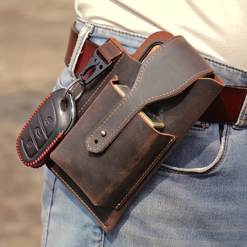 Men's Genuine Leather Phone Bag Crazy Horse Leather Belt-worn Waist Bag Retro Casual Style Key Bag Ideal for Daily Commuting