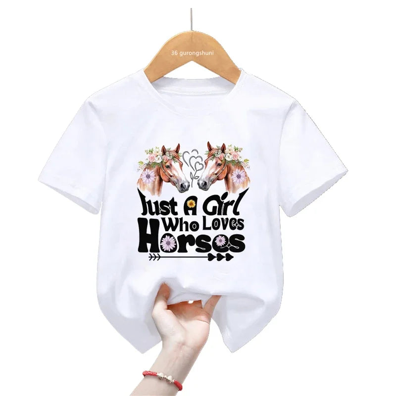 Cool Just A Girl Who Loves Horses Graphic Print T Shirt For Girls/Boys Summer Fashion Kids Clothes Harajuku Kawaii T-Shirt
