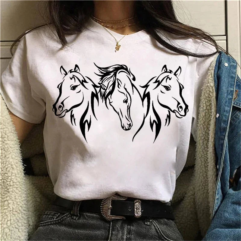 Three Horse Print T-shirt For Women