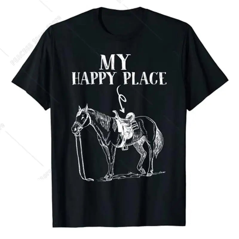 My Happy Place Horse Riding Horse-Lover for Women Girls T-Shirt Funny Awesome Tee Streetwear Tops Summer Fashion Graphic Outfit