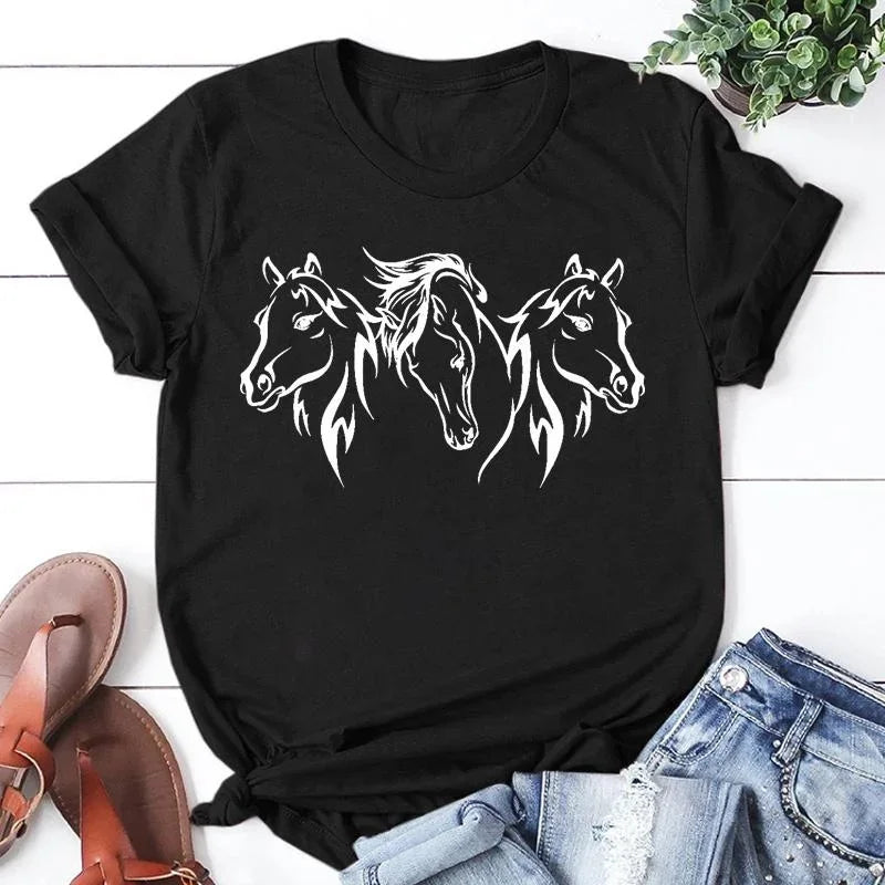 Three Horse Print T-shirt For Women