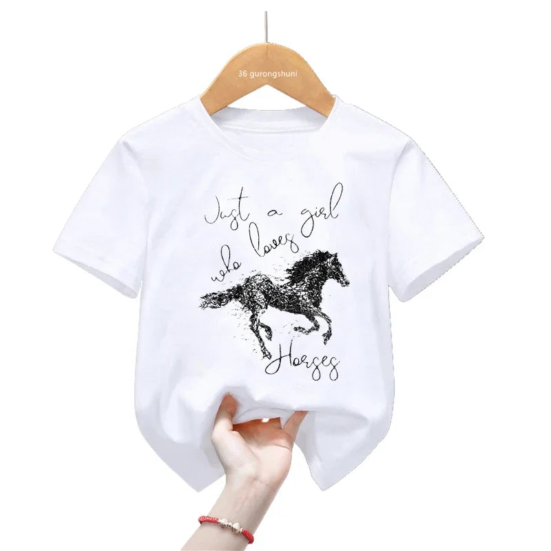 Cool Just A Girl Who Loves Horses Graphic Print T Shirt For Girls/Boys Summer Fashion Kids Clothes Harajuku Kawaii T-Shirt
