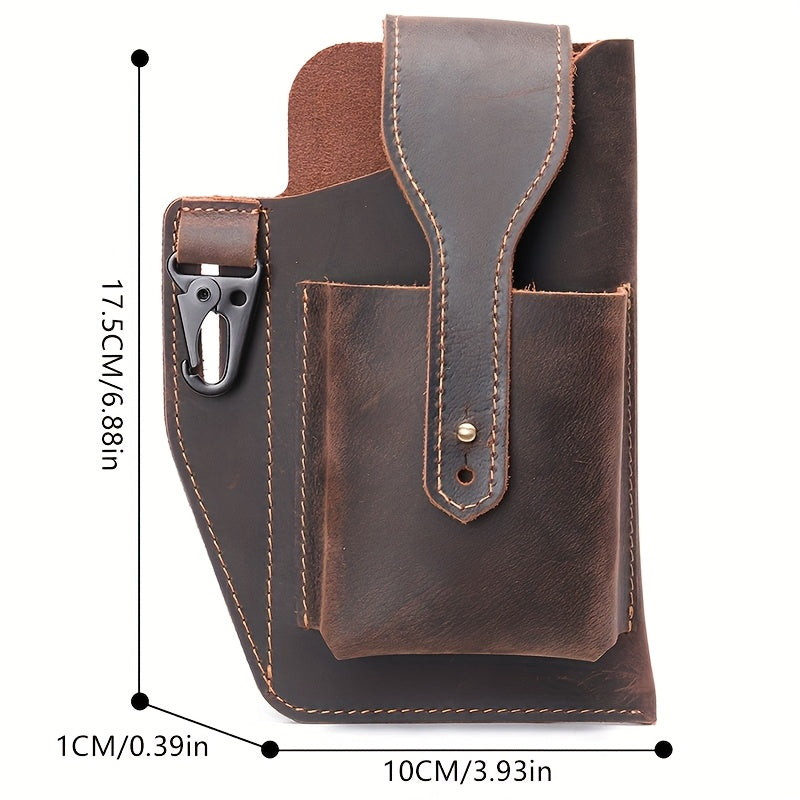 Men's Genuine Leather Phone Bag Crazy Horse Leather Belt-worn Waist Bag Retro Casual Style Key Bag Ideal for Daily Commuting