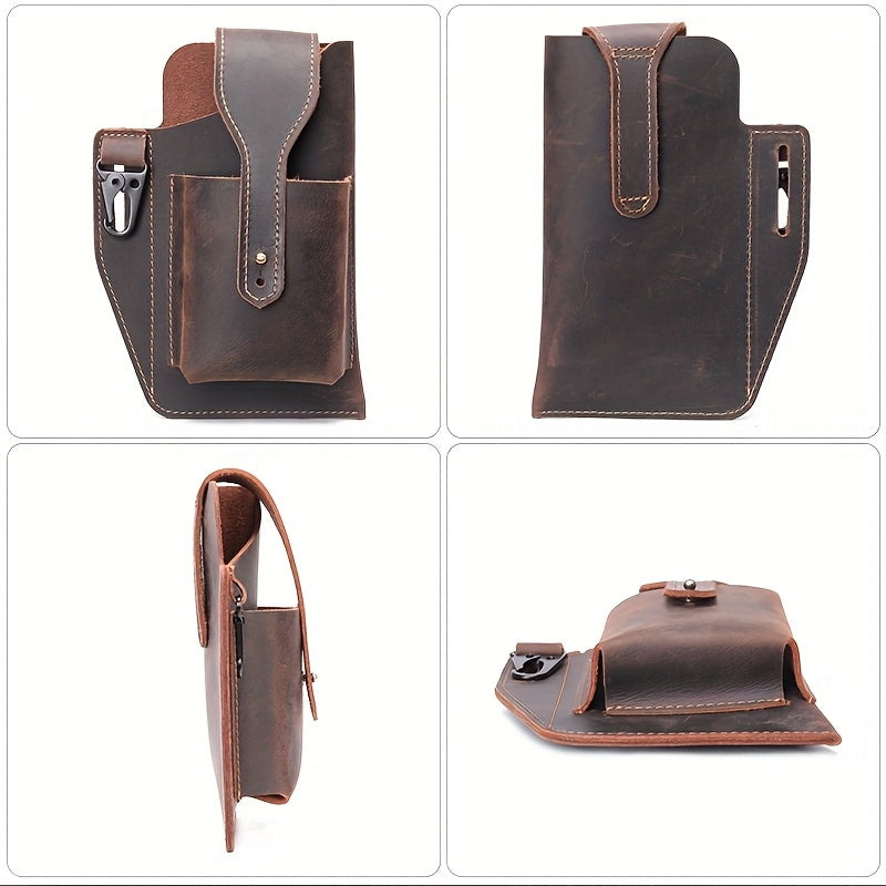 Men's Genuine Leather Phone Bag Crazy Horse Leather Belt-worn Waist Bag Retro Casual Style Key Bag Ideal for Daily Commuting