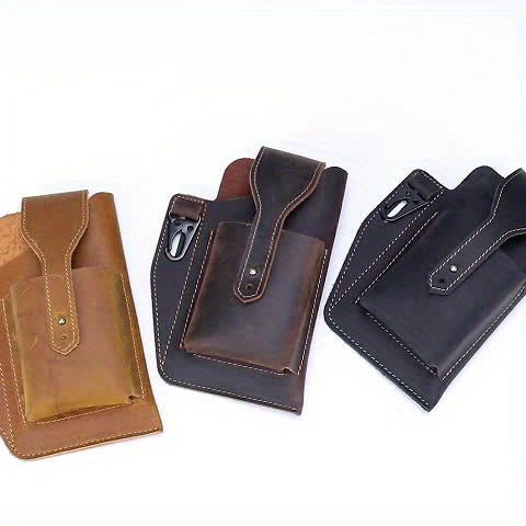 Men's Genuine Leather Phone Bag Crazy Horse Leather Belt-worn Waist Bag Retro Casual Style Key Bag Ideal for Daily Commuting