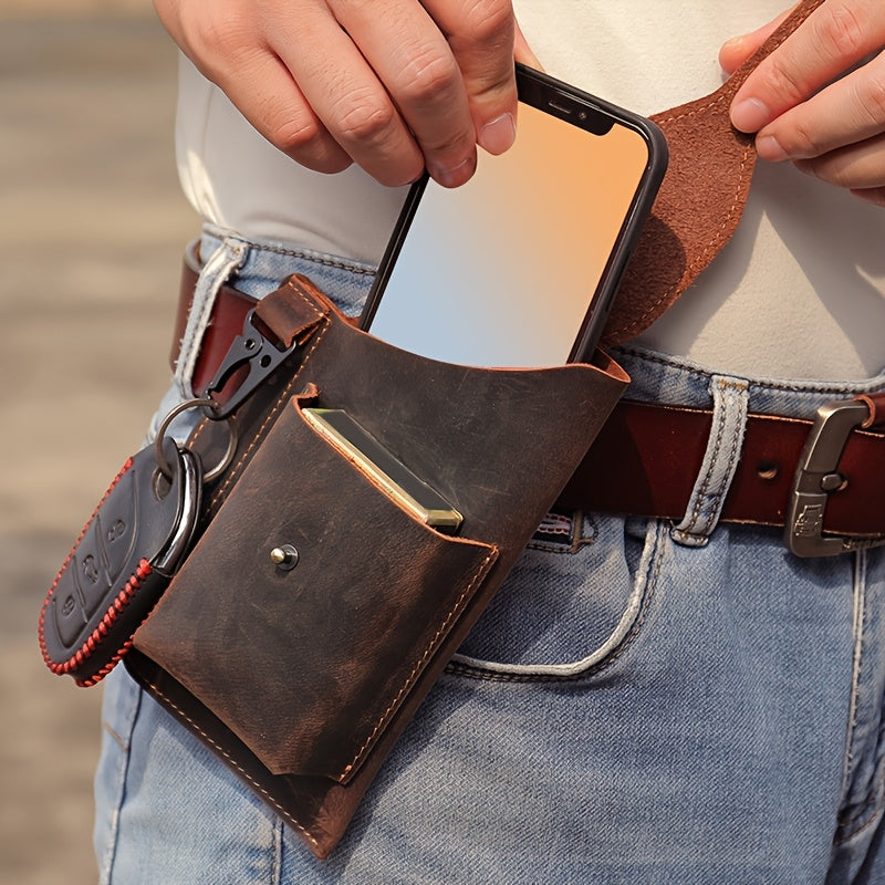 Men's Genuine Leather Phone Bag Crazy Horse Leather Belt-worn Waist Bag Retro Casual Style Key Bag Ideal for Daily Commuting